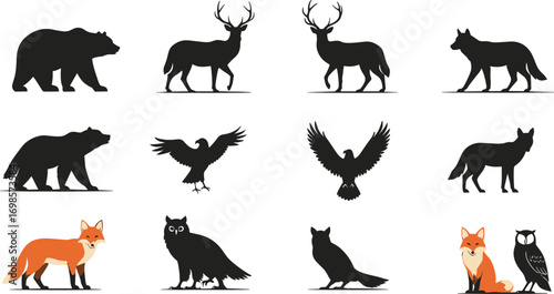 Wild animals, bear silhouette, deer vector, wolf icon, fox illustration, owl design, eagle flying, forest wildlife, animal shapes, nature