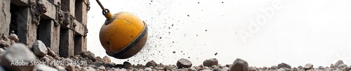 Dramatic close-up of a wrecking ball swinging against a building, dust and debris flying, signifying demolition and destruction against a pure white backdrop , concrete, violent