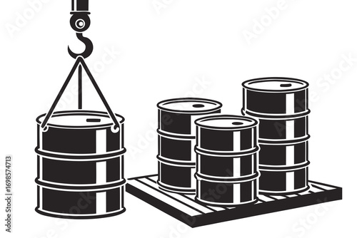 Crane lifting barrel next to stacked barrels on pallet
