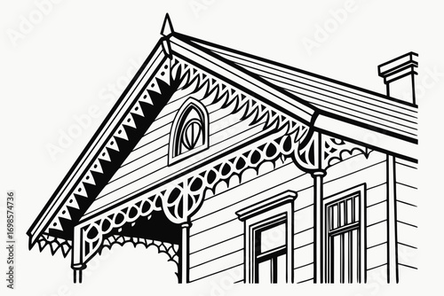 Victorian house facade with ornate gingerbread trim and gable window