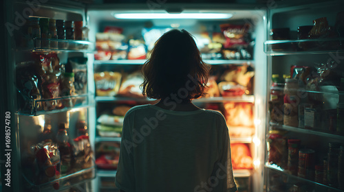 late night food scene woman grabbing unhealthy snacks from fridge midnight snack craving indulgent meal snack attack and eating habit