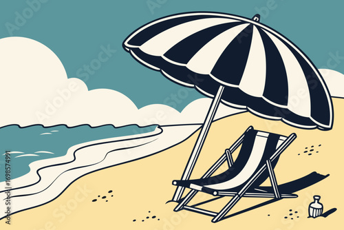 Relaxing beach scene with umbrella and chair