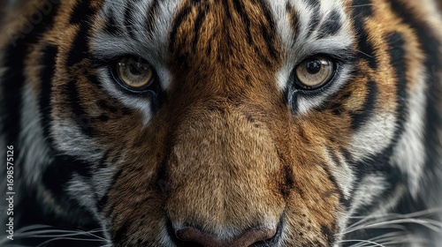 a close up view of a tiger's face, with its intense gaze focused directly at the camera. the tiger has distinctive stripes and features such as a pointed nose and expressive eyes