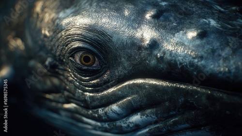 a close up view of a large gray whale with a patterned body submerged in water. the whale's face is visible, showing the animal's eye and mouth, as well as its wet skin that reflects light