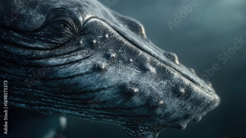 an impressive close up of a whale's head, showing its large, open eyes and intricate detailing on its body, all set against a deep blue underwater environment