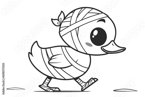 Cute cartoon duckling dressed as a mummy walking