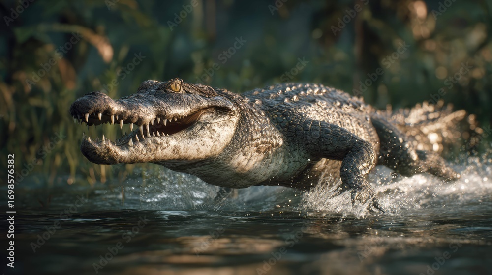Fototapeta premium a large crocodile in motion through water, with its mouth open and creating a splash behind it. it's captured mid action, suggesting movement