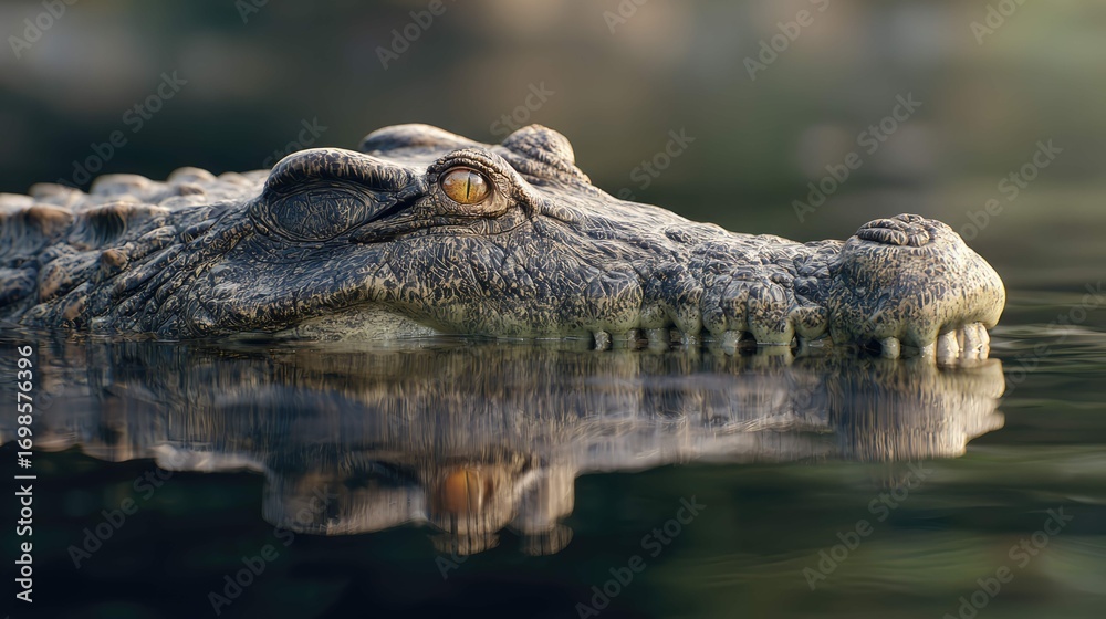 Fototapeta premium a large alligator with its mouth open, floating in still water, possibly a river or pond, with a glimpse of land in the background
