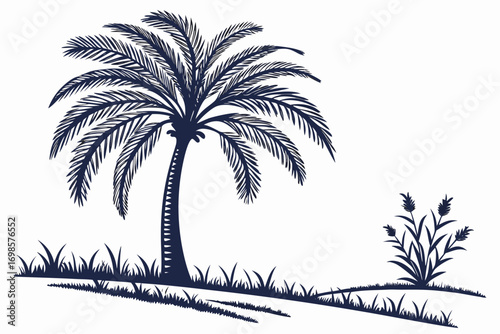 Dark blue silhouette of a palm tree and grass on white background
