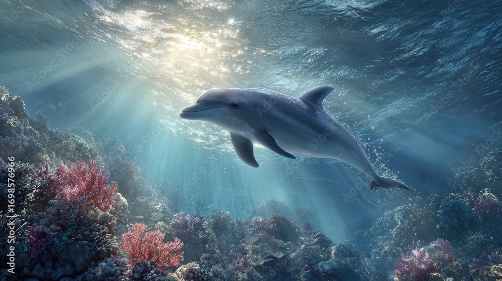 Obraz premium an underwater scene showcases a dolphin swimming near vibrant coral reefs. the marine life is set against a sunlit background filtering through the ocean surface