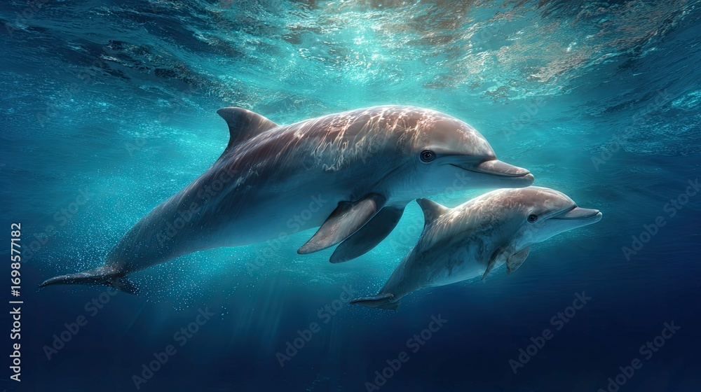 Fototapeta premium a serene underwater scene featuring two dolphins swimming closely together