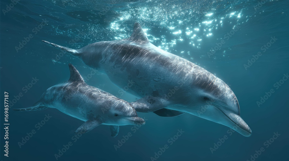 Fototapeta premium this is an underwater photograph capturing three dolphins in a blue ocean environment. two adult dolphins are swimming alongside each other while a calf swims nearby