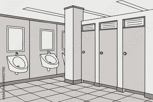 Public restroom interior with urinals and stalls