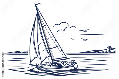 Sailboat sailing on the sea with birds and a distant house