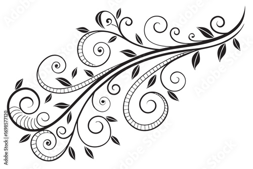 Elegant black and white swirling floral design with leaves
