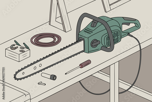 Chainsaw and tools laid out on a workbench for maintenance