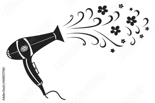 Black silhouette of a hair dryer blowing flowers and swirls