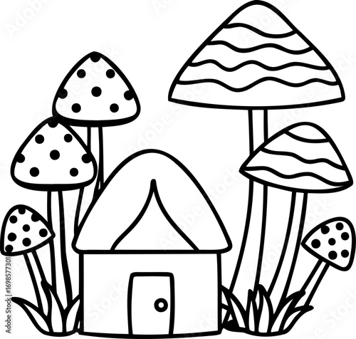 Tiny wooden cabin surrounded by oversized mushrooms isolated vector, Fairy tale cottage illustration, Whimsical fantasy forest artwork, Decorative miniature woodland house line art