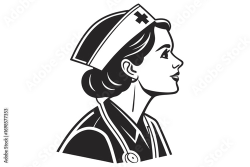 Vintage nurse portrait with stethoscope and cap