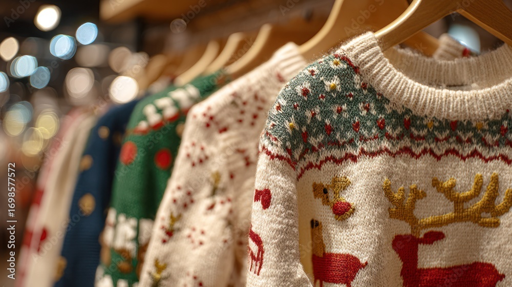 Fototapeta premium A warmly lit display showcases a collection of festive Christmas sweaters hanging on wooden racks. The sweaters are predominantly white and cream, adorned with intricate patterns featuring reindeer,