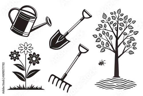 Gardening tools and nature elements black and white illustration