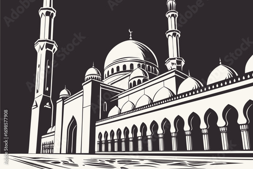 Stylized illustration of a grand mosque with minarets and domes