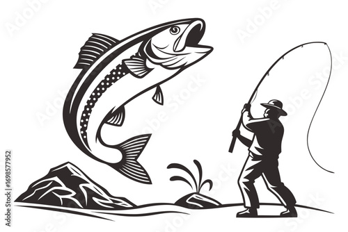 Fisherman reels in a leaping trout by rocky shoreline