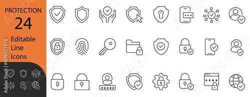 protection & security editable line icon set of 24 protection & security symbols: shield, lock, password, user, helmet, firewall & more. Perfect for websites, apps & branding.