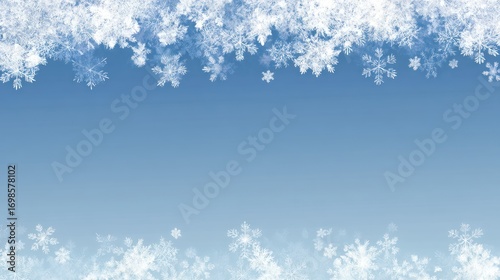 A serene winter scene features a gradient background transitioning from a deep black at the bottom to a bright, clear blue at the top. A delicate border of stylized snowflakes