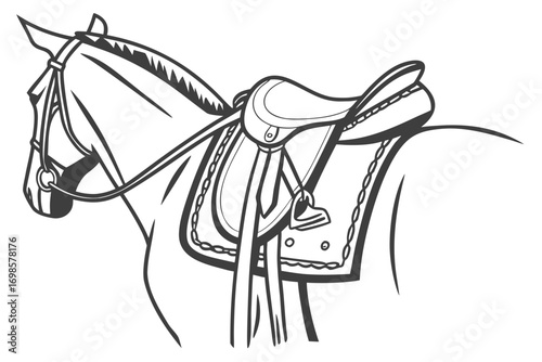 Line art illustration of a horse with a western saddle