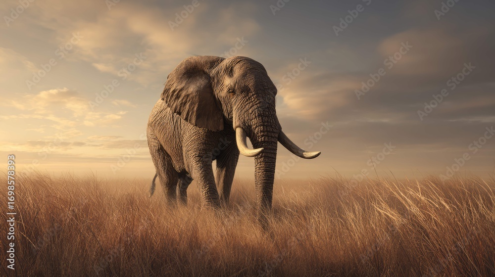 Fototapeta premium an elephant in a field, captured with a time lapse effect to show multiple positions of the elephant walking across the landscape