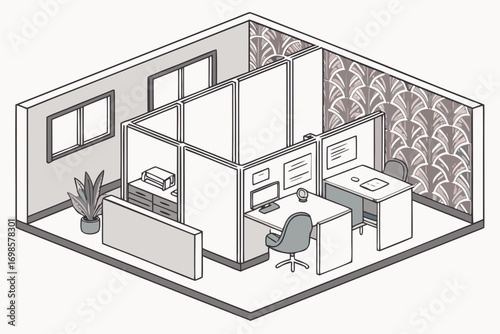 Modern office cubicle design with decorative wall