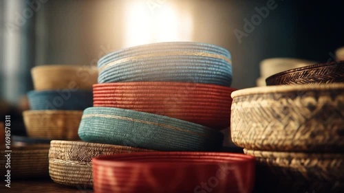 Vibrant Basket Stack: A collection of intricately woven baskets are stacked, showcasing colorful hues and textural details, a testament to craftsmanship and artistry.
