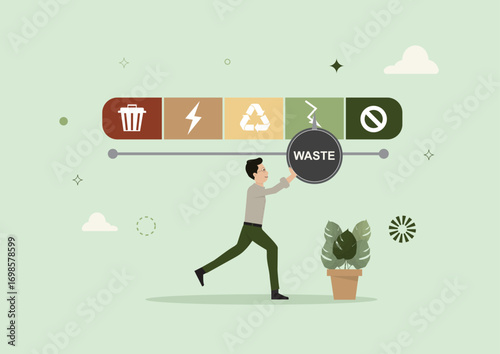Waste Management Progress Scale. Sustainable waste reduction. Options of waste treatment. Steps of waste elimination process. Reuse recycle energy recovery disposal. Flat style. Vector illustration
