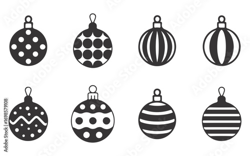 Collection of Eight Monochrome Christmas Ornament Icons: Simple, Festive, and Elegant Design.