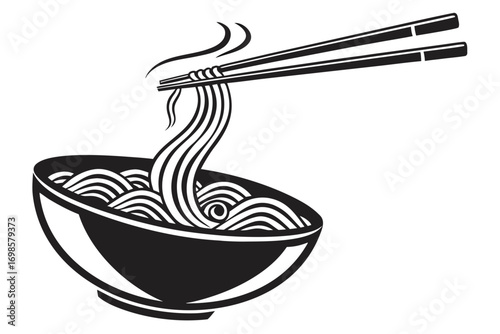 Stylized black and white illustration of noodles and chopsticks