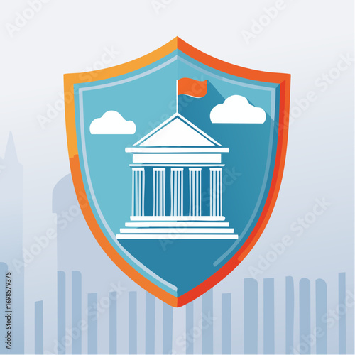 Abstract depiction of civic architecture inside a symbolic shield for legal security