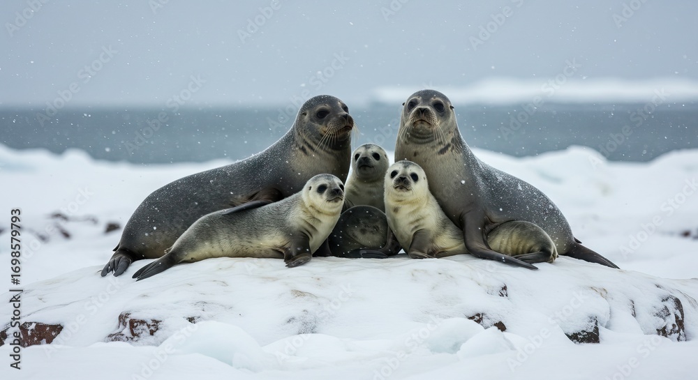 Fototapeta premium Five seals are huddled together on a snowy surface in an outdoor environment possibly during winter