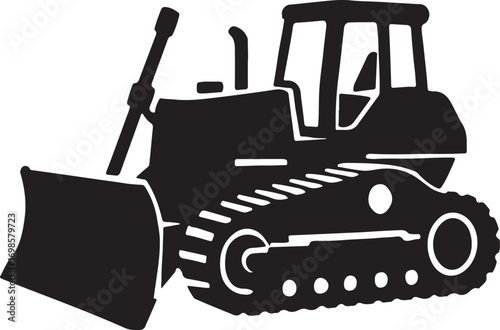 Powerful black and white bulldozer illustration, heavy machinery, construction equipment, industrial design.