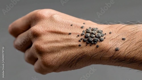 Macro medical photography of clustered warts on human hand caused by human papillomavirus with detailed skin texture