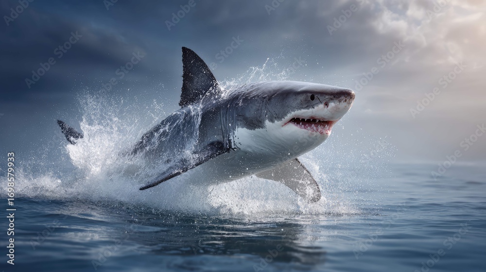Fototapeta premium an intense moment of a shark in action, leaping out of the water to catch its prey. it's a dynamic snapshot of a powerful marine predator displaying its swiftness and agility underwater