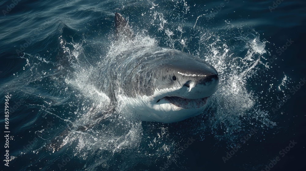 Fototapeta premium a dynamic moment in the ocean, featuring a white shark swimming swiftly through the water