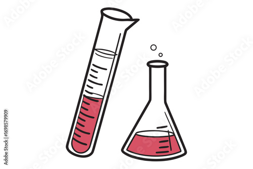 Science experiment beakers with red liquid and bubbles