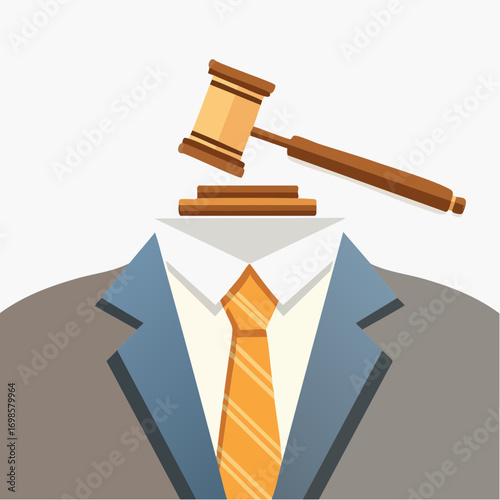 Abstract legal representation with gavel and suited figure offering symbolic authority
