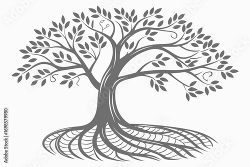 Stylized tree of life with intricate roots and branches