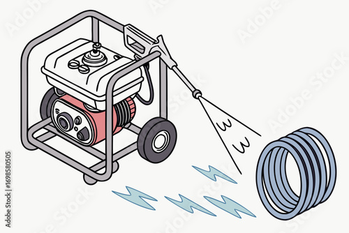 Portable pressure washer cleaning a coiled hose with water spray