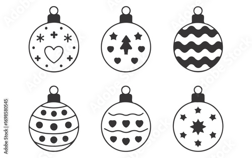 Six Monochrome Christmas Ornament Icons: Festive, Simple, and Elegant Design Elements.