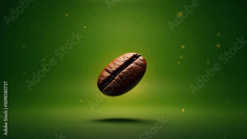 A single, rich coffee bean floats in a vibrant green, softly lit environment with subtle sparkles.