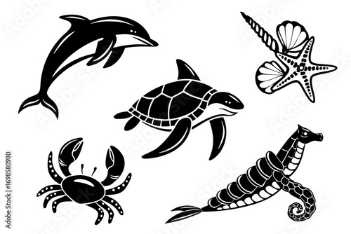 Black and white silhouettes of marine life and shells