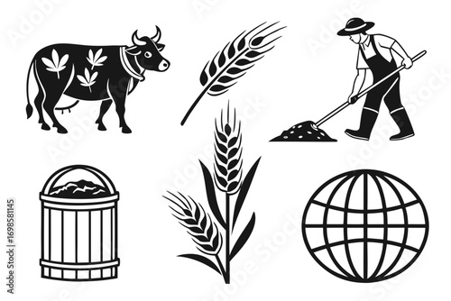 Farm and agriculture icons representing livestock crops and global farming